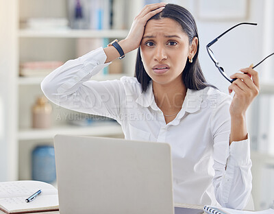 Buy stock photo Laptop, mistake and portrait of business woman in office for reaction to accident, fail or oops. Computer, crisis and face of confused employee in workplace for anxiety, compliance or glitch