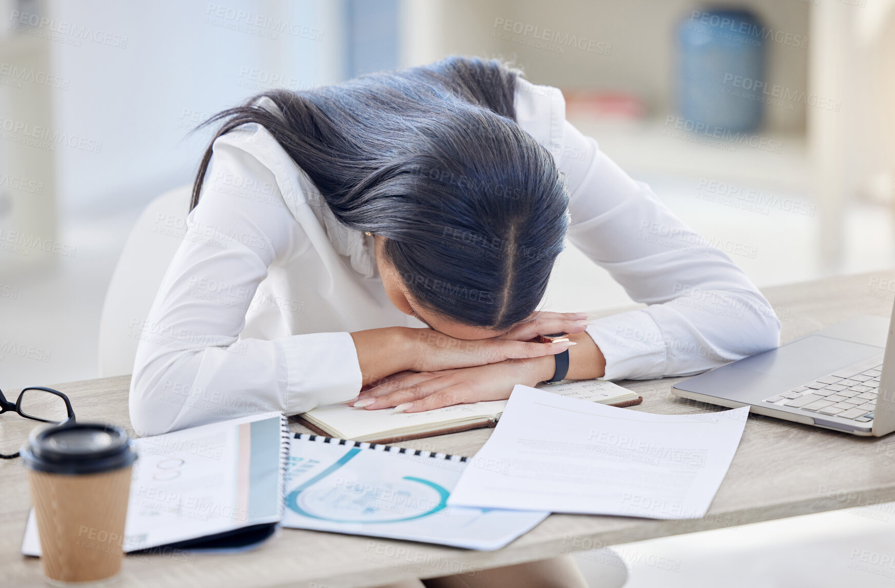 Buy stock photo Business woman, tired and sleeping at office desk with burnout risk, overworked and nap for low energy. workplace, exhausted or fatigue of asleep female accountant, finance papers and laptop on table