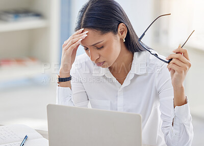 Buy stock photo Headache, glasses and business woman with pain in office for editing report, burnout or project deadline. Fatigue, laptop and tired journalist, editor or female employee at desk for news agency