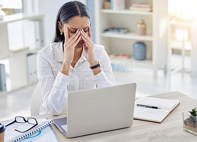 Buy stock photo Pain, stress and business woman with migraine in office for editing report, burnout or project deadline. Fatigue, laptop and tired journalist, editor or professional employee at desk for news agency