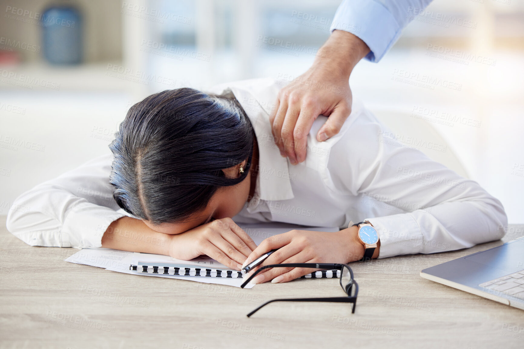 Buy stock photo Support, business and woman with stress, coworkers and comfort with burnout, overworked and help. Hand on shoulder, staff or employees with fatigue, tired and exhausted with career pressure or crisis