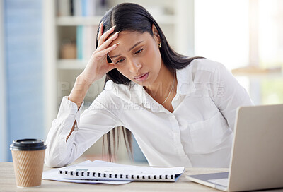 Buy stock photo Tired, bored and business woman with laptop in office for editing report, burnout or project deadline. Fatigue, stress and corporate journalist, editor or female employee at desk for news agency