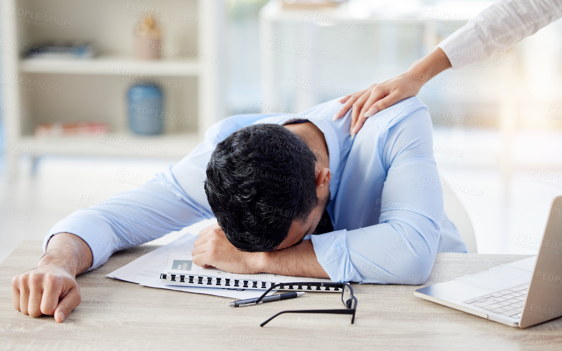 Buy stock photo Support, business or man with stress, comfort or exhausted with burnout, overworked or help. Hand on shoulder, staff or employees with fatigue, tired or agent with career pressure, deadline or crisis