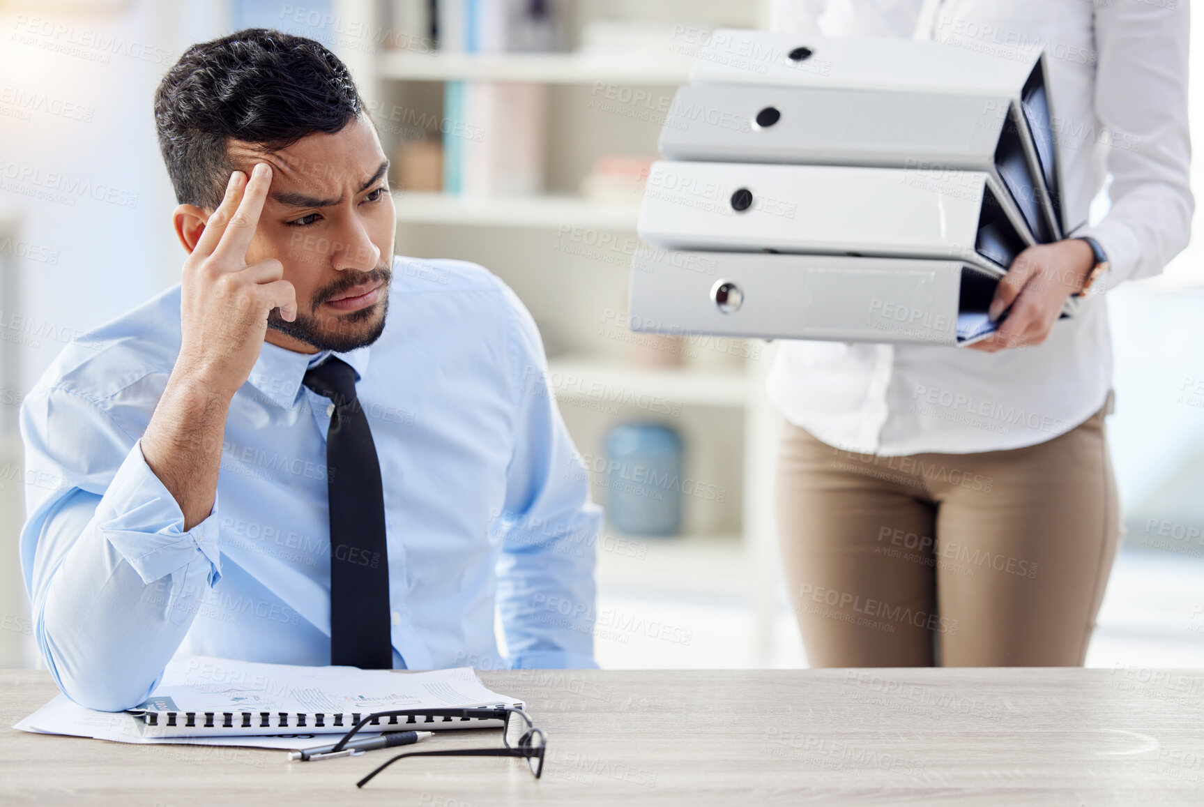 Buy stock photo Stress, stack of files and businessman with headache in office for company report, burnout or project deadline. Fatigue, anxious and paperwork with employee for exhausted, overwhelmed or frustrated