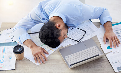 Buy stock photo Business man, tired and sleeping at desk in office with burnout risk, overworked or nap for low energy. workplace, exhausted or fatigue of asleep male accountant, finance documents or laptop on table