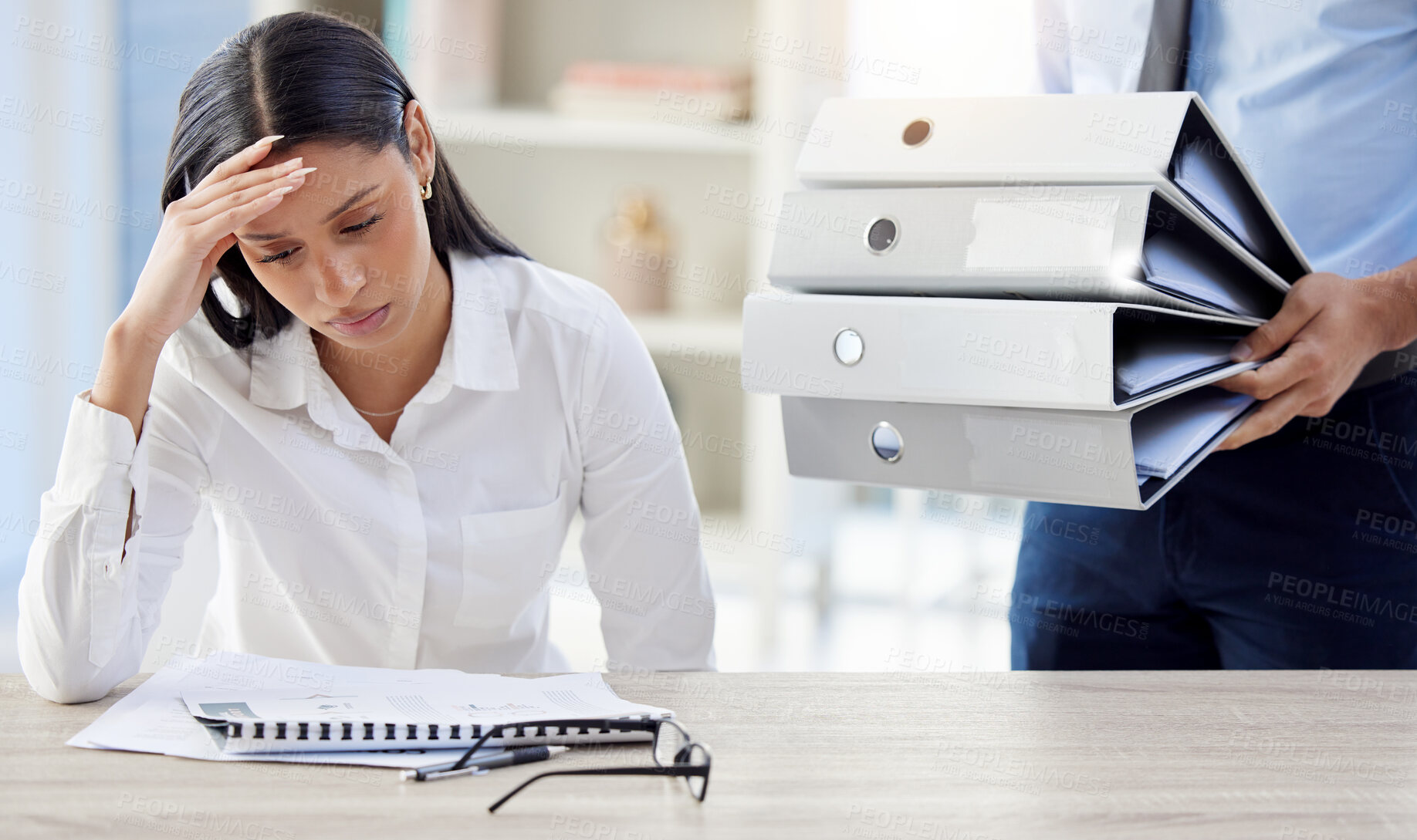 Buy stock photo Stress, stack of files and businesswoman with headache in office for editing report, burnout or project deadline. Fatigue, anxious and documents with employee for exhausted, overwhelmed or frustrated