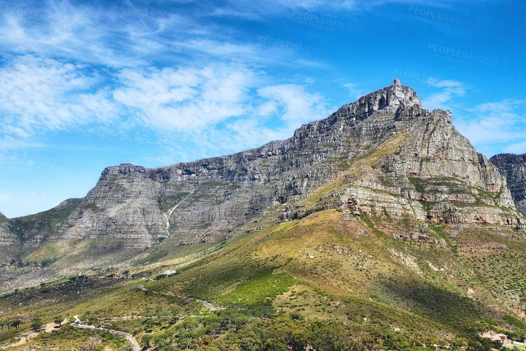 Buy stock photo Landscape view of mountains background and blue sky with copy space from green botanical garden and national park. Hiking around Table Mountain in Cape Town, South Africa to discover peace in nature