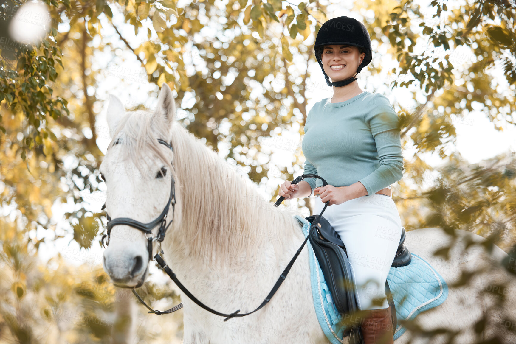 Buy stock photo Woman, nature and horse for equestrian sport on ranch, stallion and riding hobby in countryside. Competition, training and female rider, horsemanship and outdoor trees or holiday in Argentina