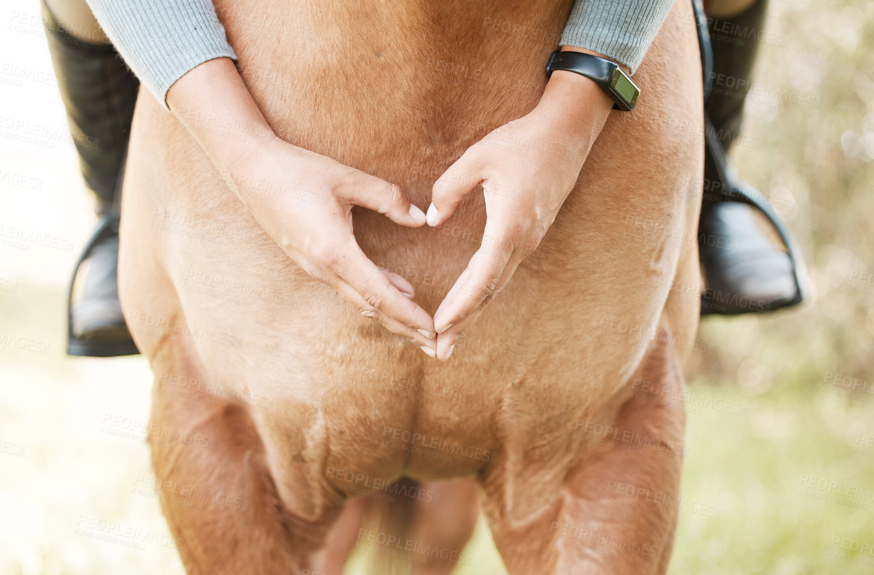 Buy stock photo Shot of a unrecognizable female making a heart shape with her hands while sitting on a horse outside
