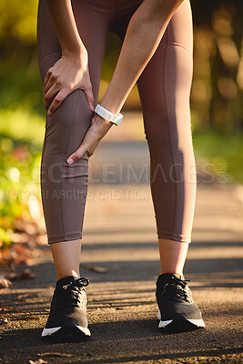 Buy stock photo Fitness, nature and woman with hands on knee pain, medical emergency and workout on garden path. Outdoor exercise, health and wellness, female runner with hand on leg injury while training in park.