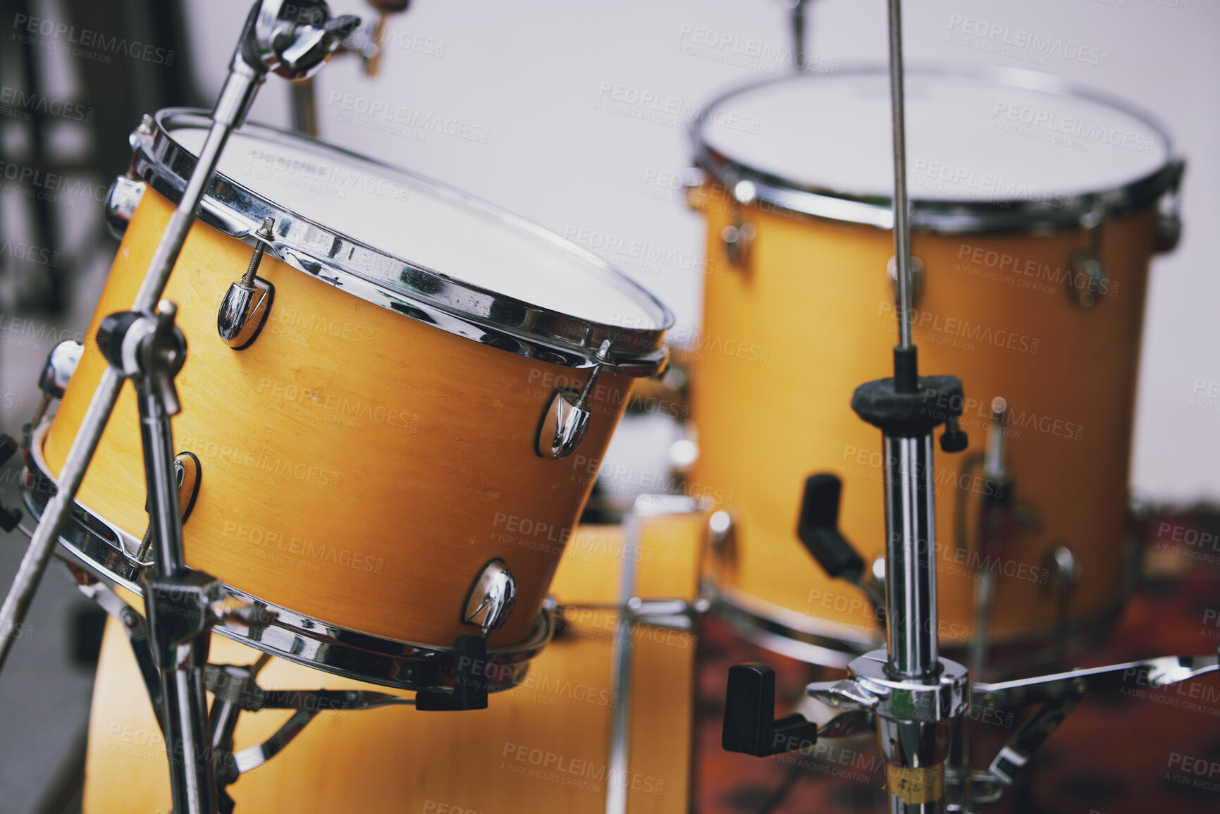 Buy stock photo Art, drums and music with instrument set in recording studio for creative, retro or vintage production. Entertainment, equipment and sound with percussion kit closeup on stage for audio performance