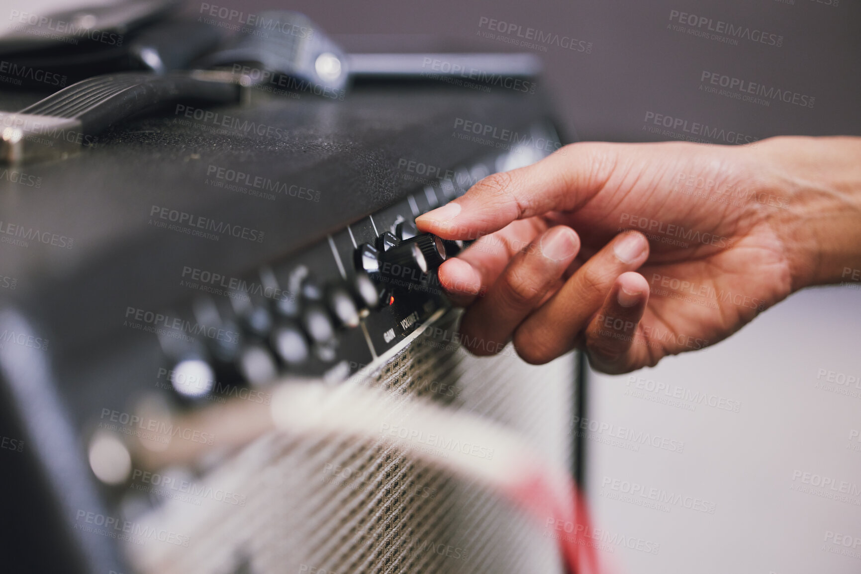 Buy stock photo Hand, dial and amplifier for music in studio for process, mixing or connection for speaker system. Sound engineer, person and audio technology for buttons, cable or creativity for art at record label