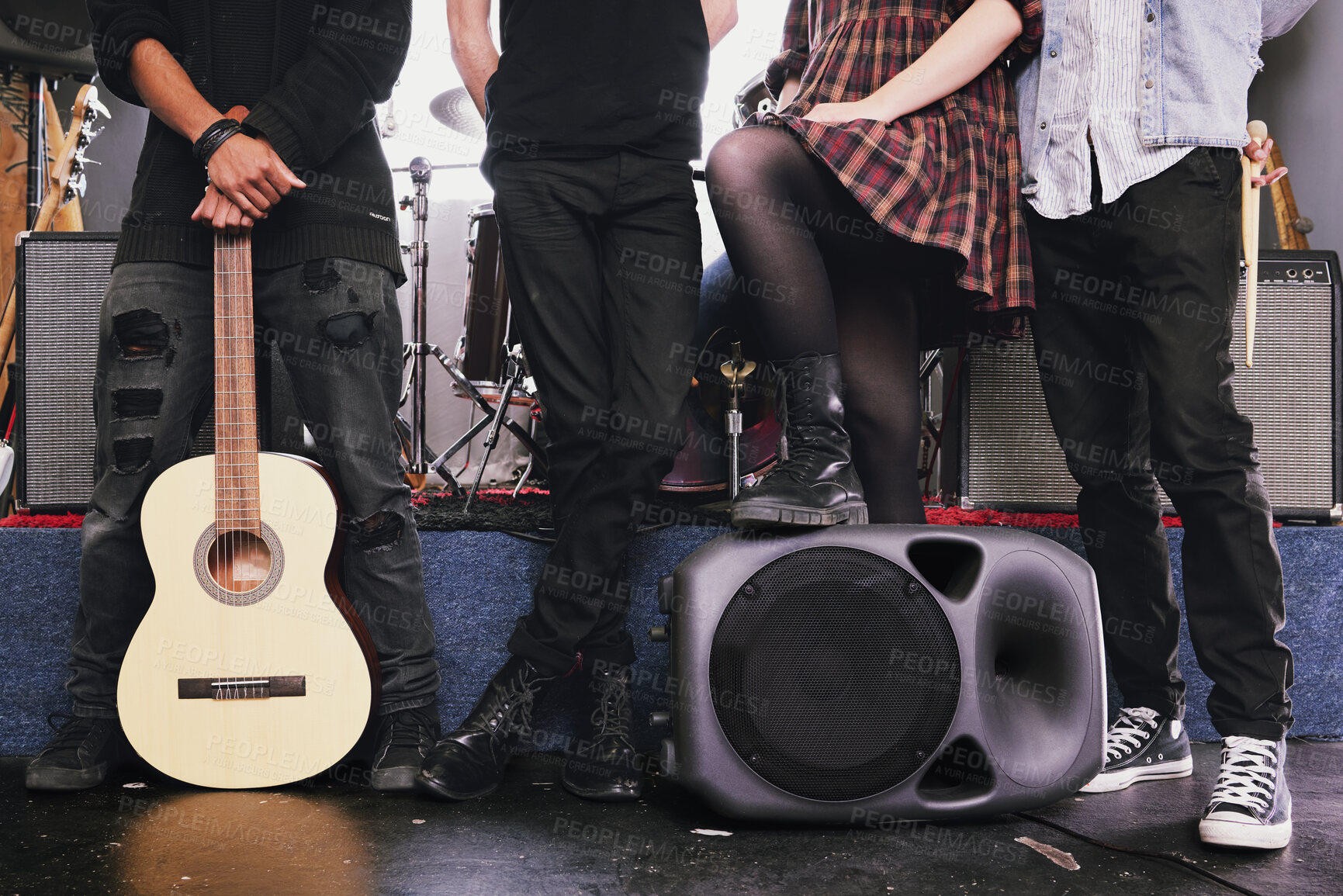 Buy stock photo Band, people and feet for instrument in music studio with speaker, creativity and rehearsal for concert. Woman, men and guitar for artist, musician and shoes with talent for group at record label