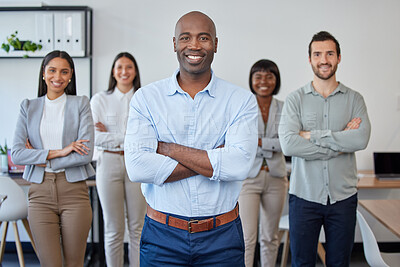 Buy stock photo Black man, business leadership and portrait with happy teamwork, management and collaboration for company, vision and goals in office. Smile manager, arms crossed and employee motivation in startup