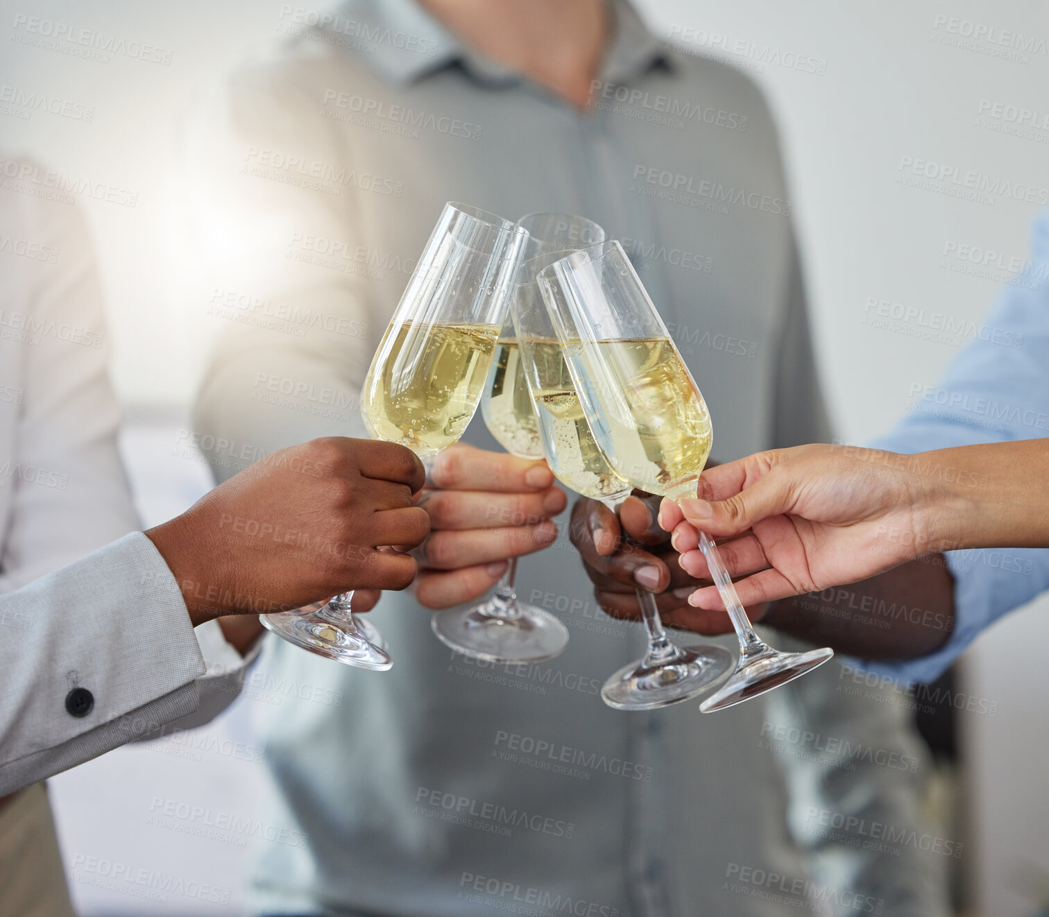 Buy stock photo Business people hands, wine glass and cheers celebration at office party. Closeup group of workers toast to celebrate for champagne, drink and alcohol at social gathering, success and congratulations