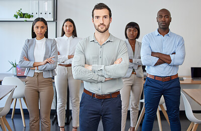 Buy stock photo Portrait, leadership and diversity of business people with arms crossed in office. Collaboration, teamwork and group of employees or coworkers working together for mission success, goals or vision.
