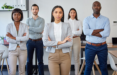 Buy stock photo Business team, portrait and arms folded in office, startup or legal agency with confident diversity. Lawyer group, teamwork and vision together in workplace for motivation, success and law firm