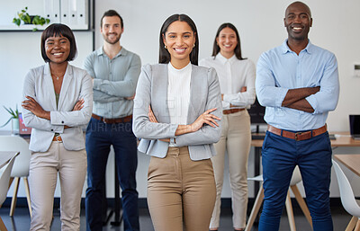 Buy stock photo Business people, portrait smile and team with arms crossed in corporate collaboration or diversity at the office. Group of diverse confident employee workers smiling in teamwork vision at workplace