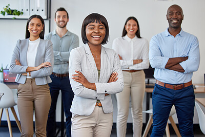 Buy stock photo Black woman, leadership and portrait of business people with arms crossed in office. Teamwork, collaboration and happy group of employees working together for targets, goals or success in workplace.