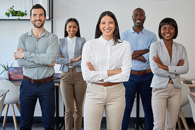 Buy stock photo Business people, diversity and success arms crossed in office with company goals, teamwork collaboration or growth mindset. Portrait, smile or happy corporate men and women with leadership motivation