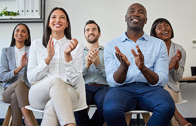 Buy stock photo Clapping, applause and business group in a successful conference for brainstorming and innnovation. Idea, success and businesspeople cheering during a tradeshow or convention in a meeting room