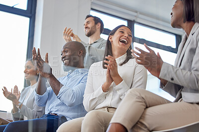 Buy stock photo Clapping, applause and business people in a meeting in celebration of success, goal or achievement. Diversity, collaboration and team celebrating successful teamwork project in corporate office.