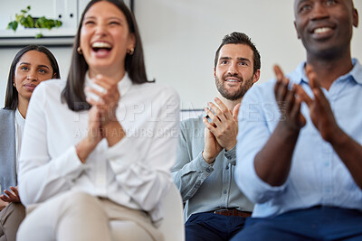 Buy stock photo Seminar, applause and diversity with a business team clapping during a meeting for coaching or training. Conference, collaboration and presentation with a crowd applauding in an office boardroom