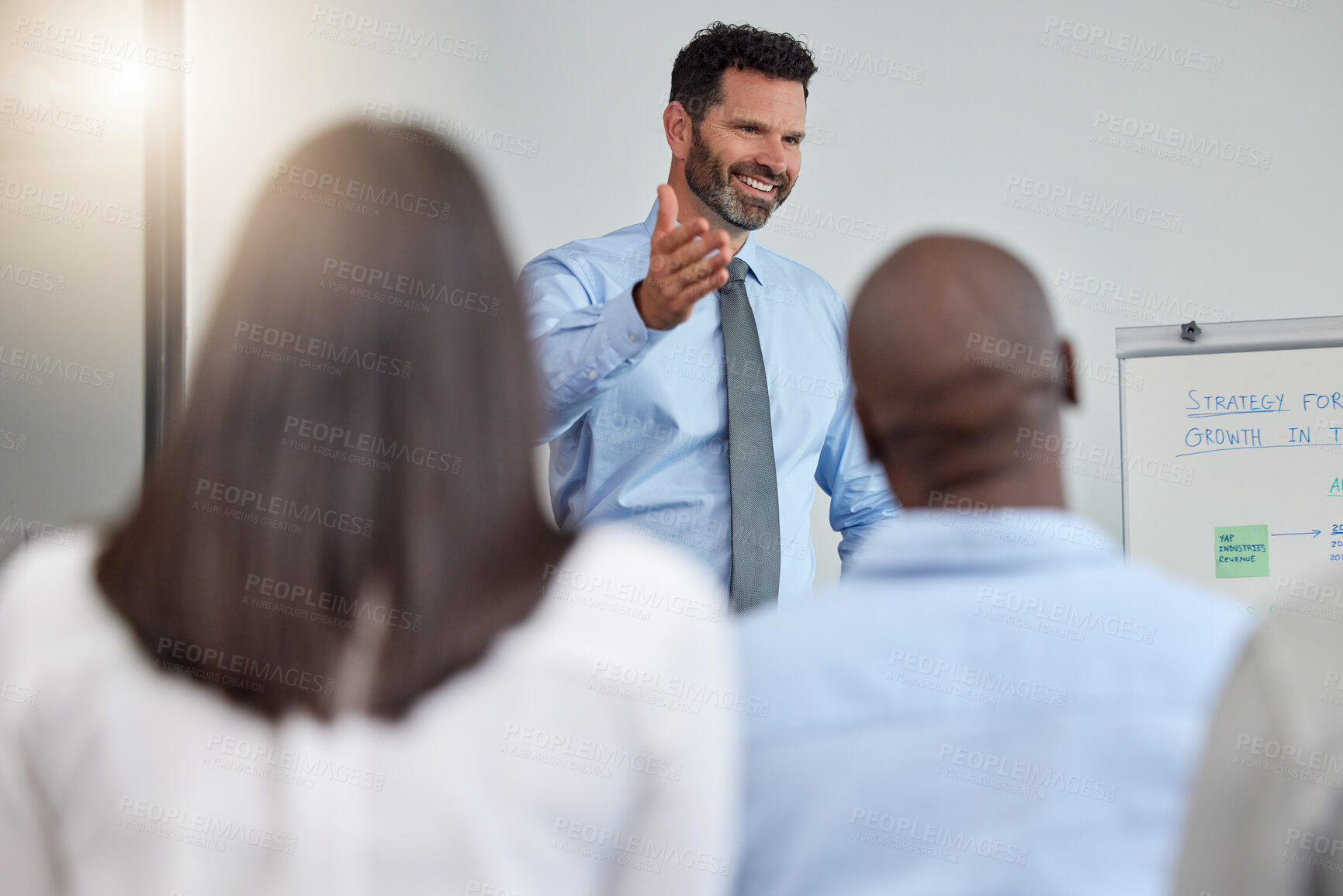 Buy stock photo Audience, presentation and business people in conference room, seminar or workshop meeting for corporate strategy, finance update and KPI. Manager, speaker and leadership man speaking to employees