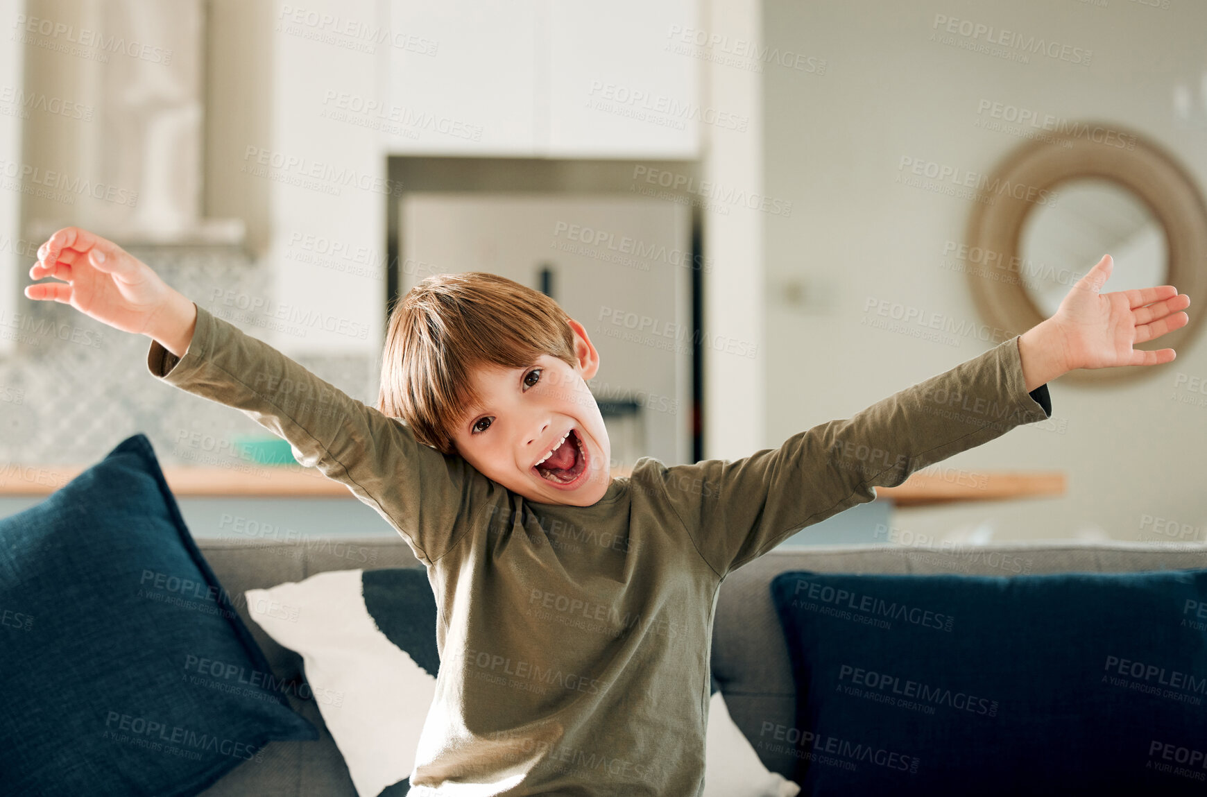 Buy stock photo Boy, portrait and excited child on sofa for achievement, winning or celebration in living room. Happiness, wow and young kid with scream for development, good news or surprise announcement in home