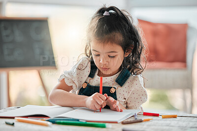 Buy stock photo Girl, kid and writing for homework with learning, development and studying for art project in home. Youth, female child and drawing by table with pencil for creativity, growth and education.