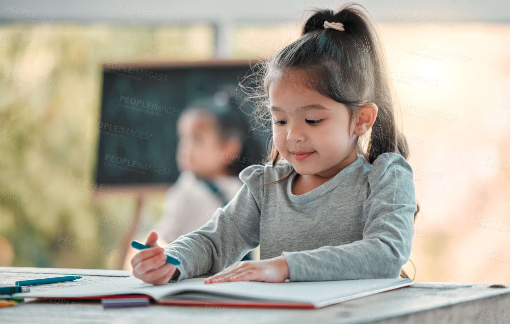 Buy stock photo Girl, child and drawing in home for learning, education and crayons for creative art at table. Female person, kid and writing activity for brain development, books and sketch or practice literacy