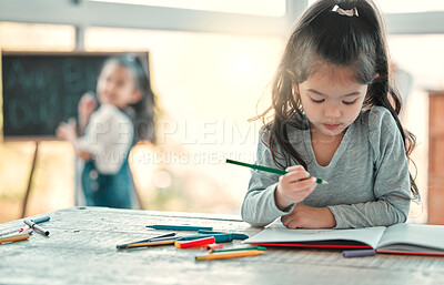 Buy stock photo Girl, child and sketch in home for learning, education and crayons for creative art at table. Female person, kid and writing activity for brain development, books and drawing or practice skills