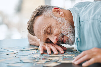 Buy stock photo Businessman, desk and sleeping on money in office for financial freedom, budget and fatigue for work. Mature guy, nap and rest on table with cash for investing profit, tired and dreaming of lottery