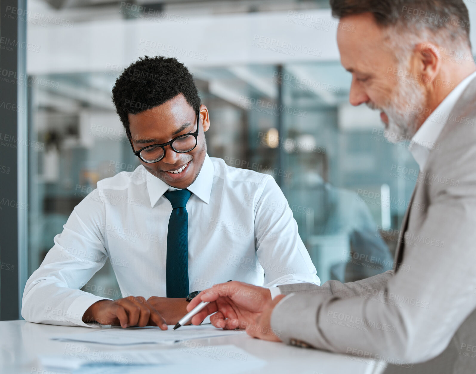 Buy stock photo HR, interview and contract with a business man and candidate for a vacancy meeting in an office. Manager, recruitment and opportunity with human resources reading a cv or resume in the boardroom