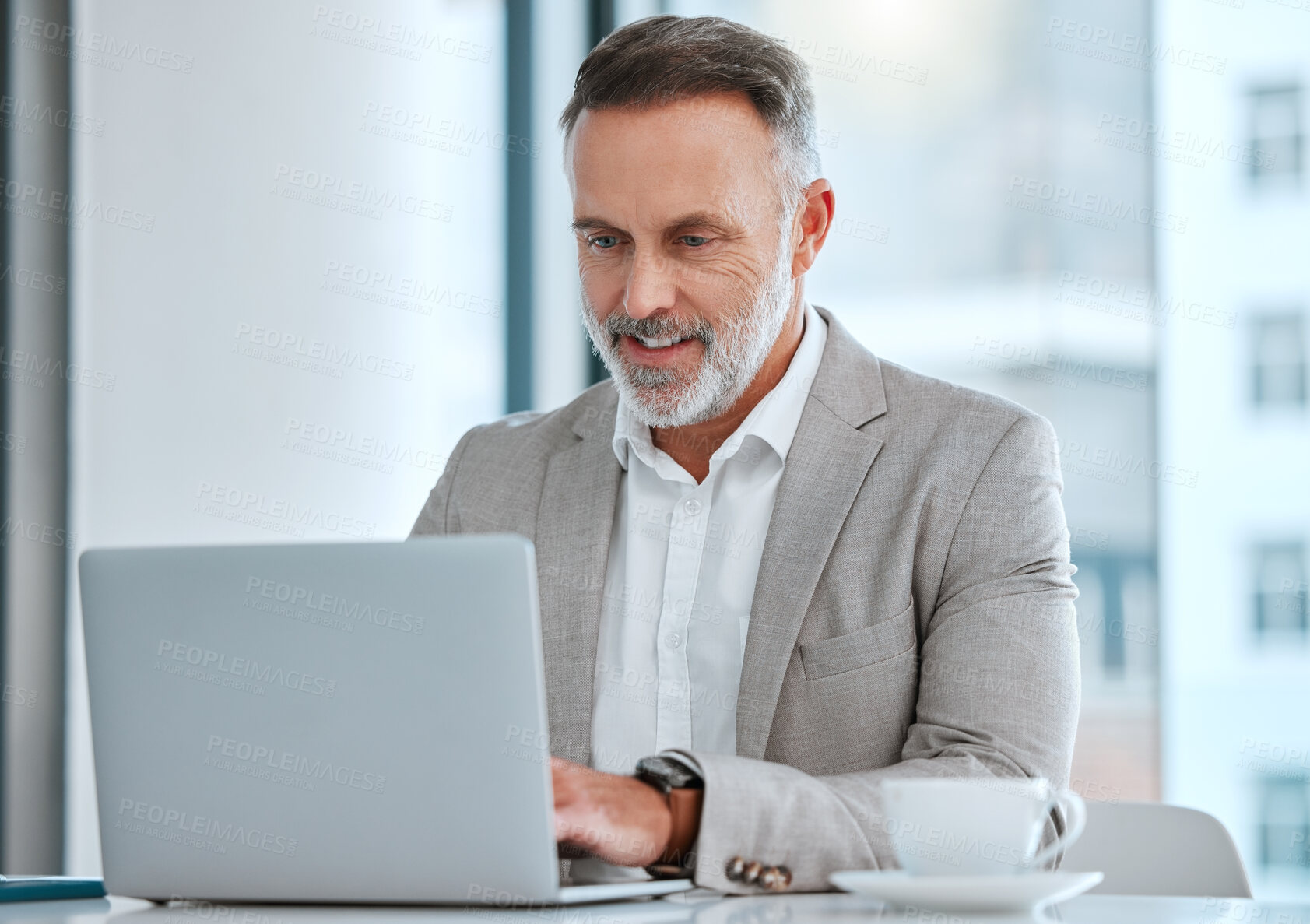 Buy stock photo Businessman, typing and laptop on desk for planning retirement fund, connection and investment strategy in office. Corporate guy, computer and research for insurance, online faq and financial article