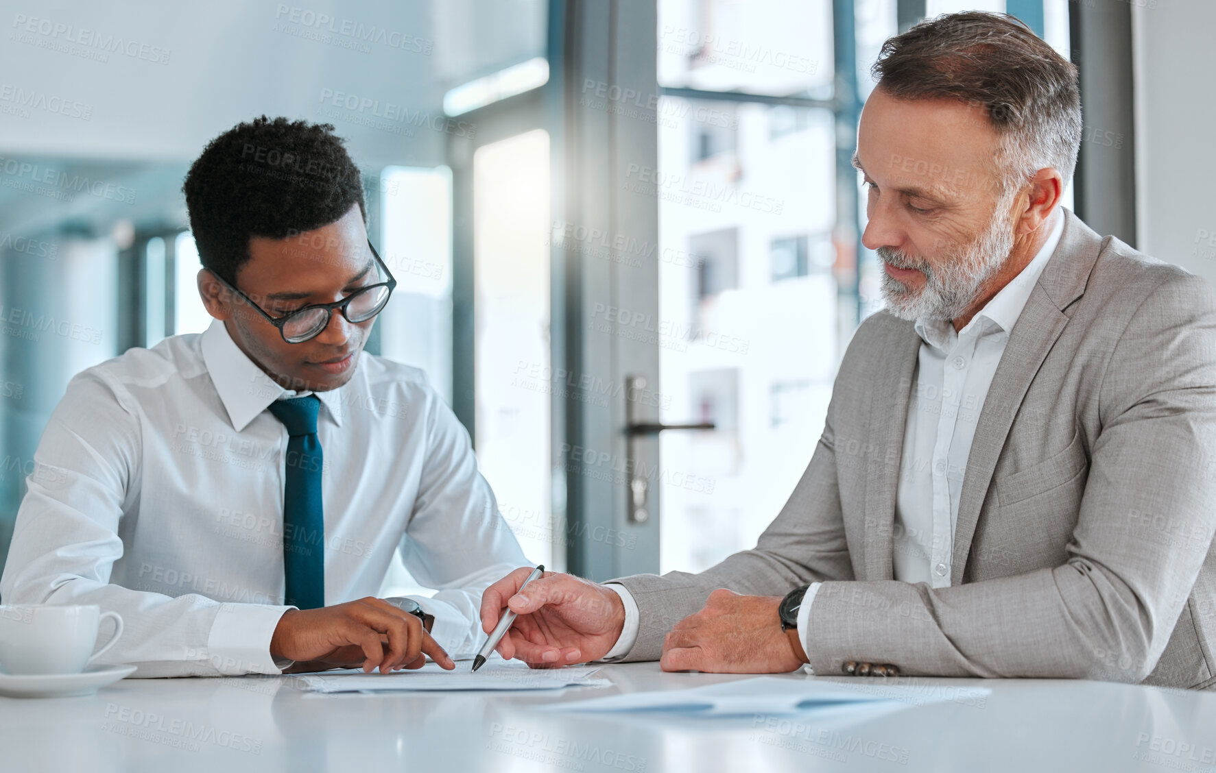 Buy stock photo Human resources, hiring and contract with a business man and candidate for a vacancy meeting in an office. Manager, recruitment and interview with an hr person reading a cv or resume in the boardroom