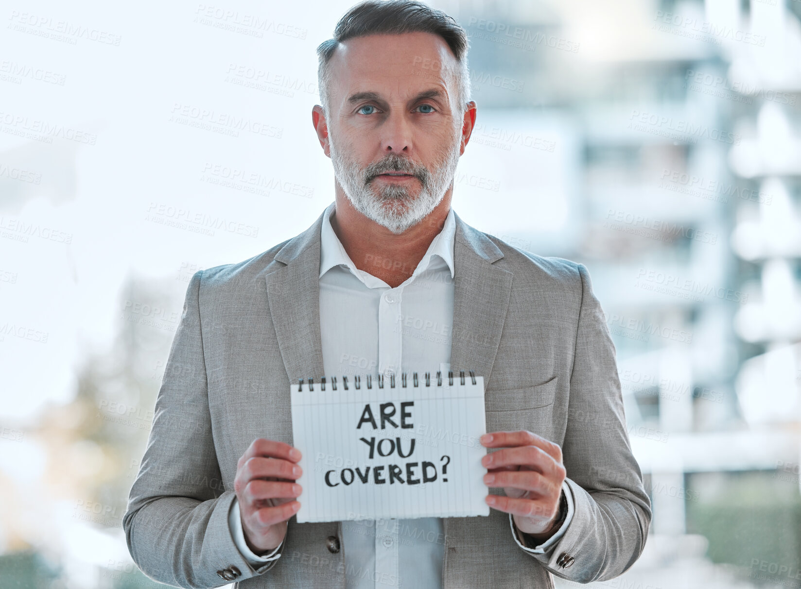 Buy stock photo Serious, office and portrait of businessman with poster for promotion of life insurance policy. Corporate, future investment and mature agent with sign on notebook for financial security in workplace