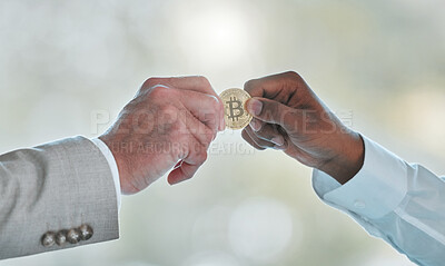 Buy stock photo Shot of a businessman taking money from another man in a office