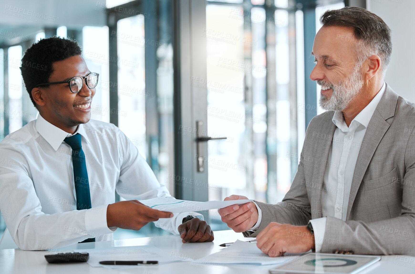 Buy stock photo Human resources, interview and hiring with a business man and candidate for a vacancy meeting in an office. Manager, recruitment and contract opportunity with an employee handing a cv or resume to hr