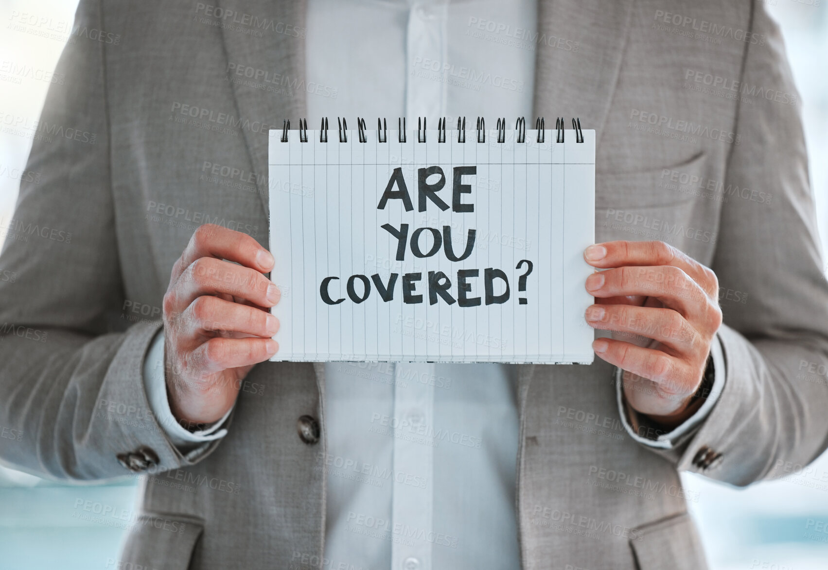 Buy stock photo Serious, office and portrait of businessman with sign for promotion of life insurance policy. Corporate, future investment and mature agent with poster on notebook for financial security in workplace