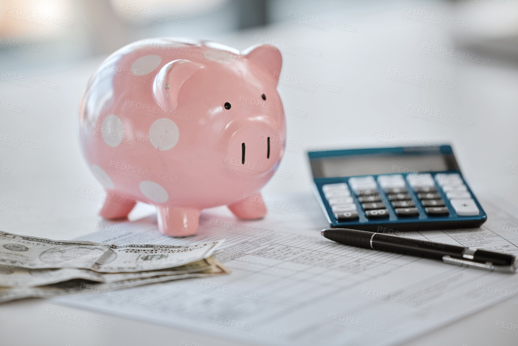 Buy stock photo Piggy bank, calculator or money for savings, paperwork or budget security for future financial freedom. Inflation, cash closeup or funding for rainy day expenses with dollars, profit or wealth growth