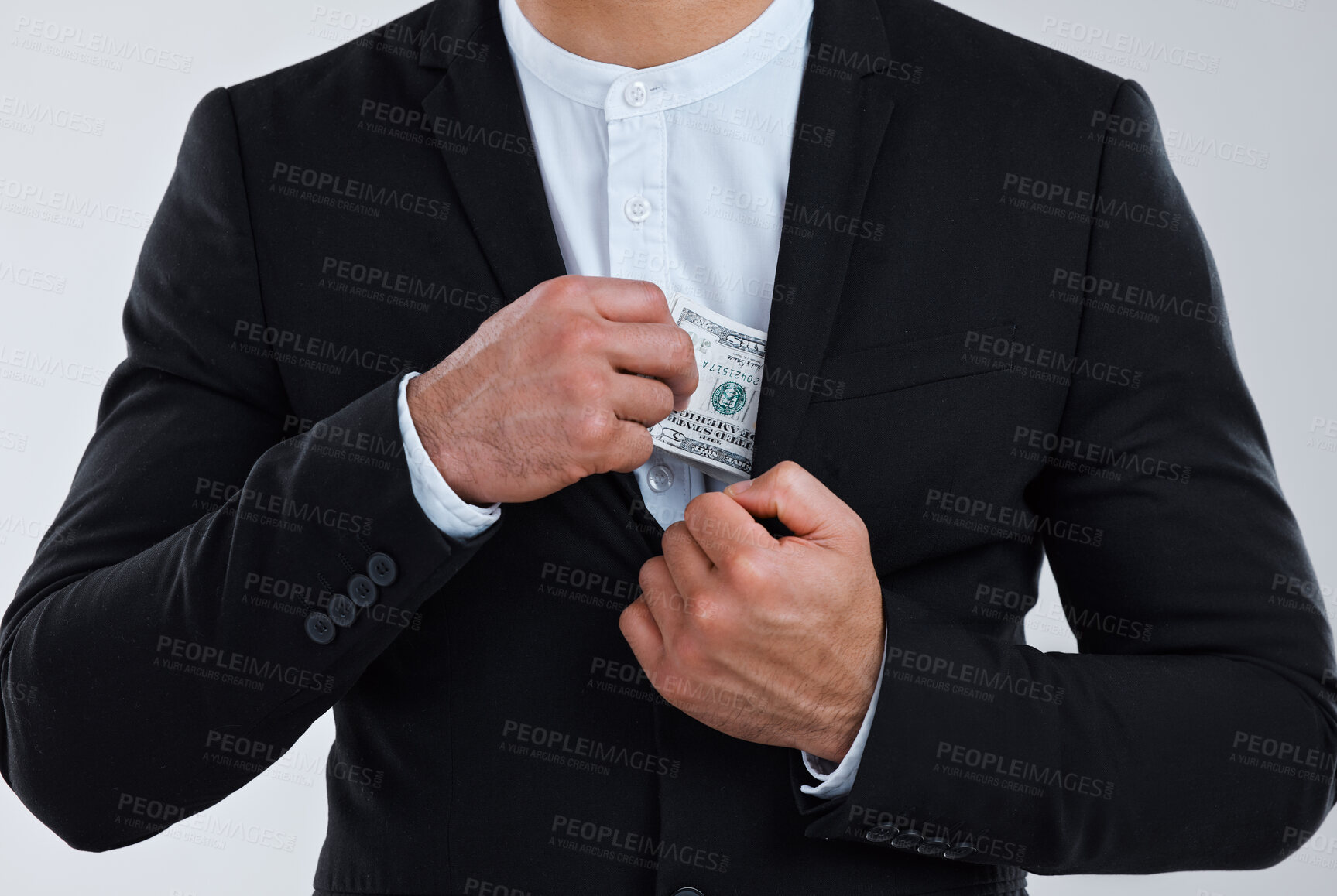 Buy stock photo Studio, cash and businessman with hand in pocket for financial bribe, corruption and secret payment. Corporate, fraud and person with scam for illegal, crime and money laundering on white background