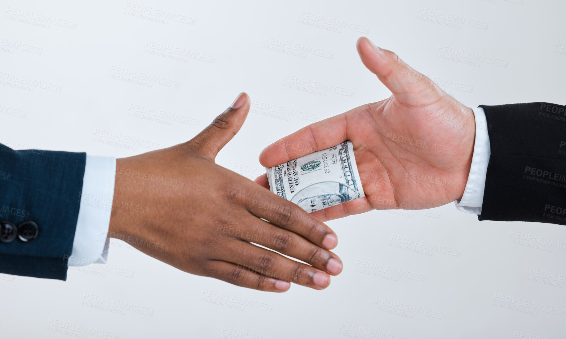 Buy stock photo Money, handshake and business people for deal in studio for theft, bribery and finance corruption. Corporate, cash and workers shaking hands for secret payment, blackmail and fraud on gray background