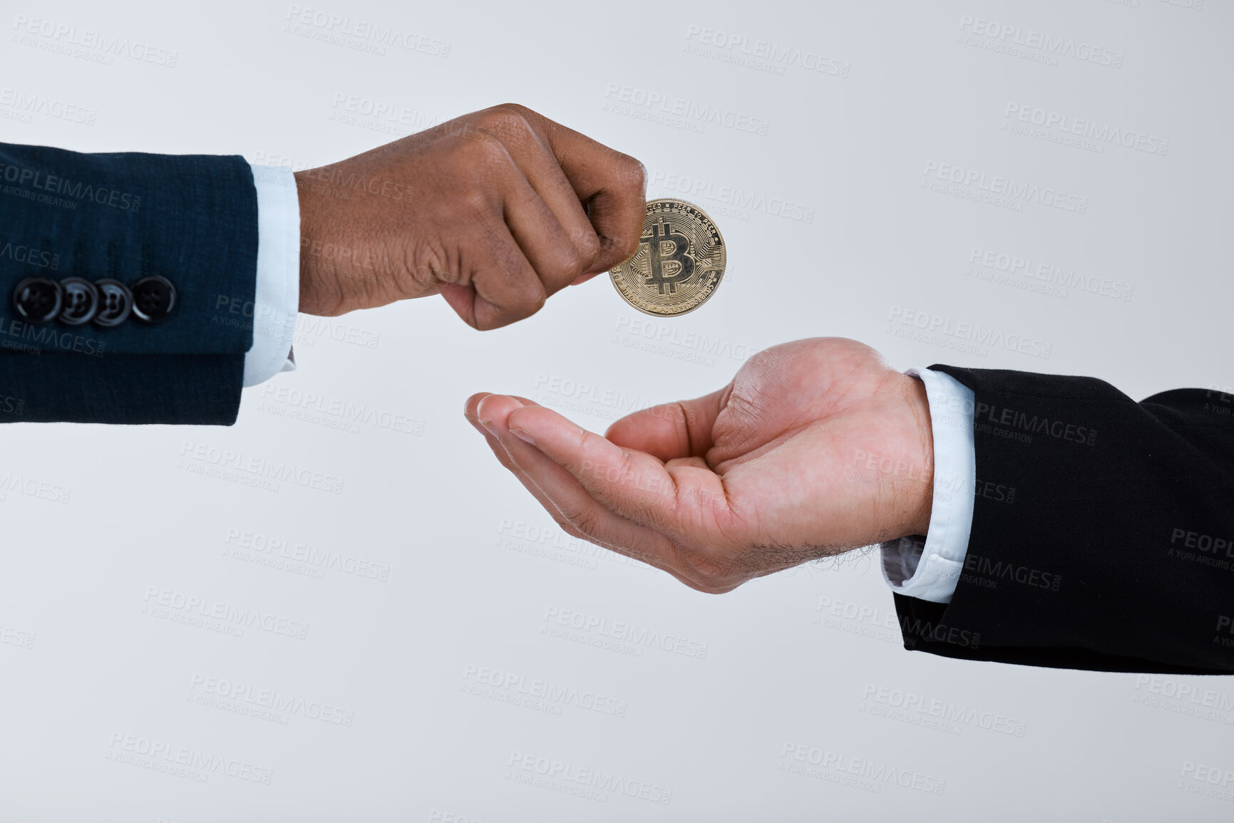 Buy stock photo Hands, business people and coin for handing in studio, investment and partnership for funding startup. Crypto, investor or client with money for growth, financial support or trade by white background