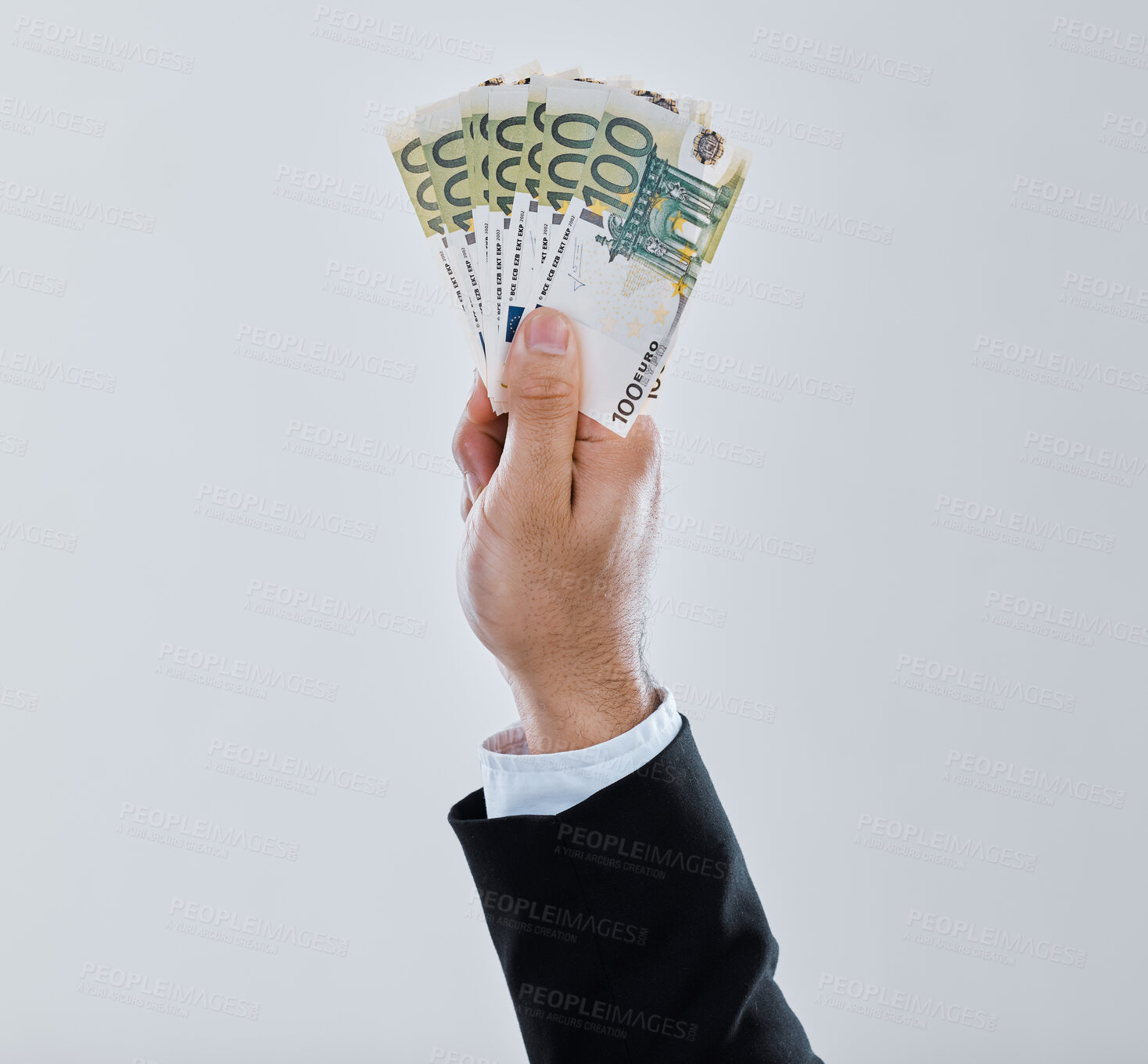 Buy stock photo Money, hand and businessman with cash in studio for financial wealth, growth or exchange success. Trade, profit and person with bills in air for stock market, investment or payout on white background