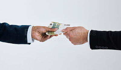 Buy stock photo Business people, hands and giving money for investing in studio, deal and white background. Men, helping and exchange for loan or payment, professional and support for finance in company or profit