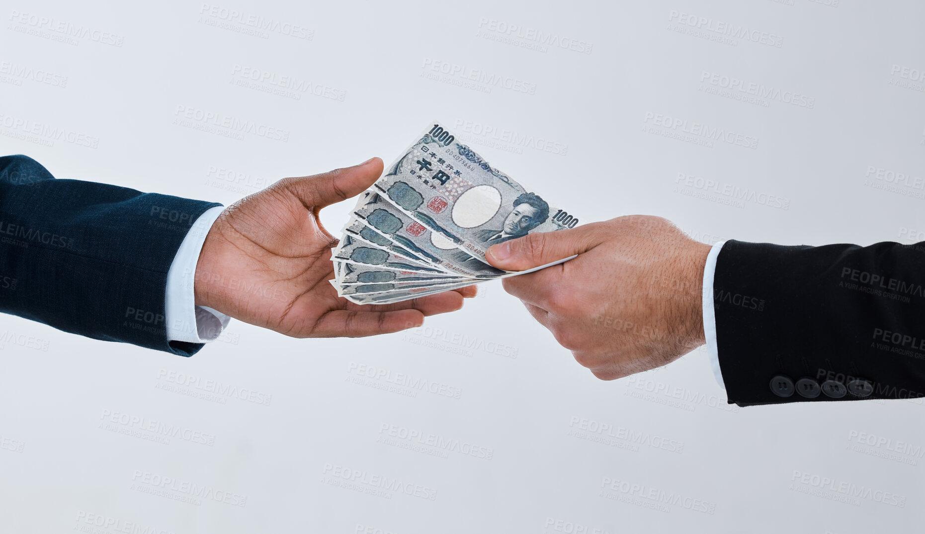 Buy stock photo Shot of a businessman taking money from another man against a grey background