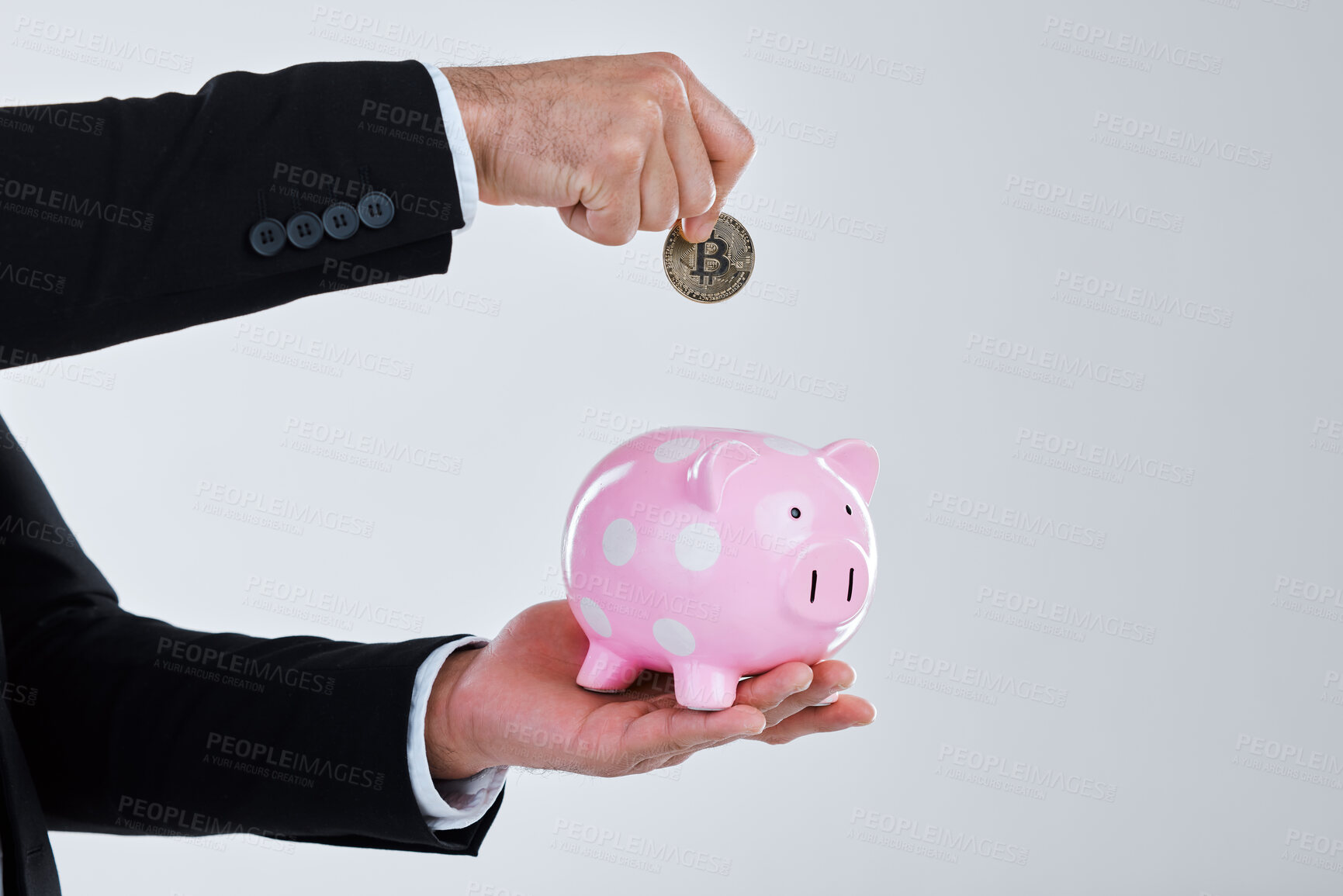 Buy stock photo Businessman, hands and crypto coin in piggy bank, studio and blockchain currency on white background. Male person, deposit investment and savings for finance growth, money box and profit opportunity