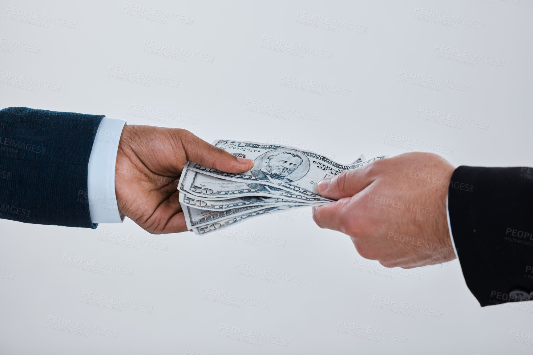 Buy stock photo Money laundering, studio and hands of business people for deal for theft, bribery and finance corruption. Corporate, cash and workers for secret payment, blackmail and crime on white background