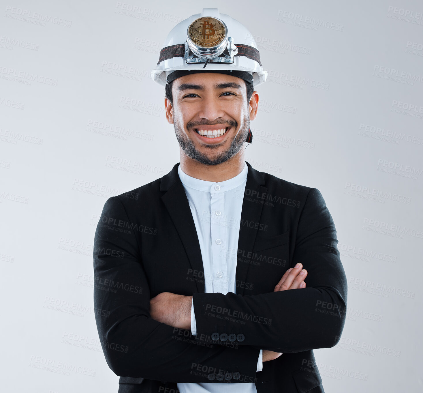 Buy stock photo Man, helmet and smile for cryptocurrency in portrait, studio or arms crossed for digital coin by white background. Person, happy and mining gear for blockchain, trading or money for financial freedom